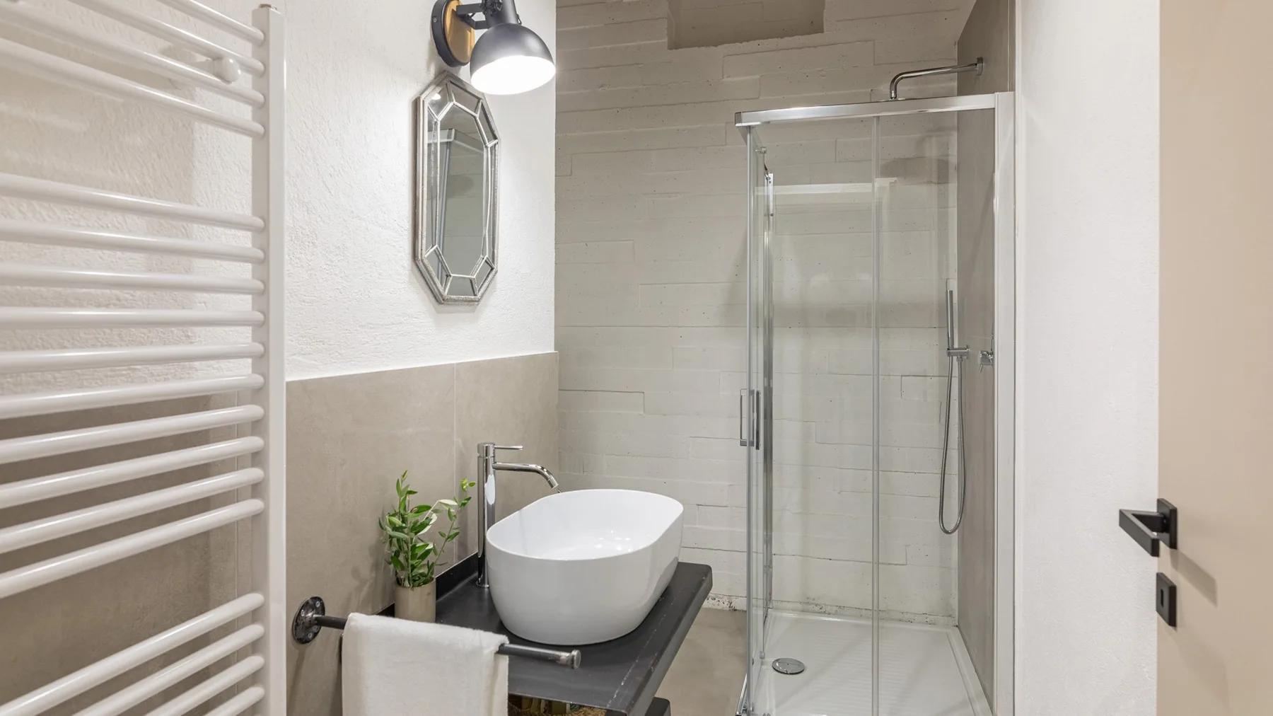 A bright bathroom features a vessel sink, glass-enclosed shower, heated towel rail, and small potted plant.