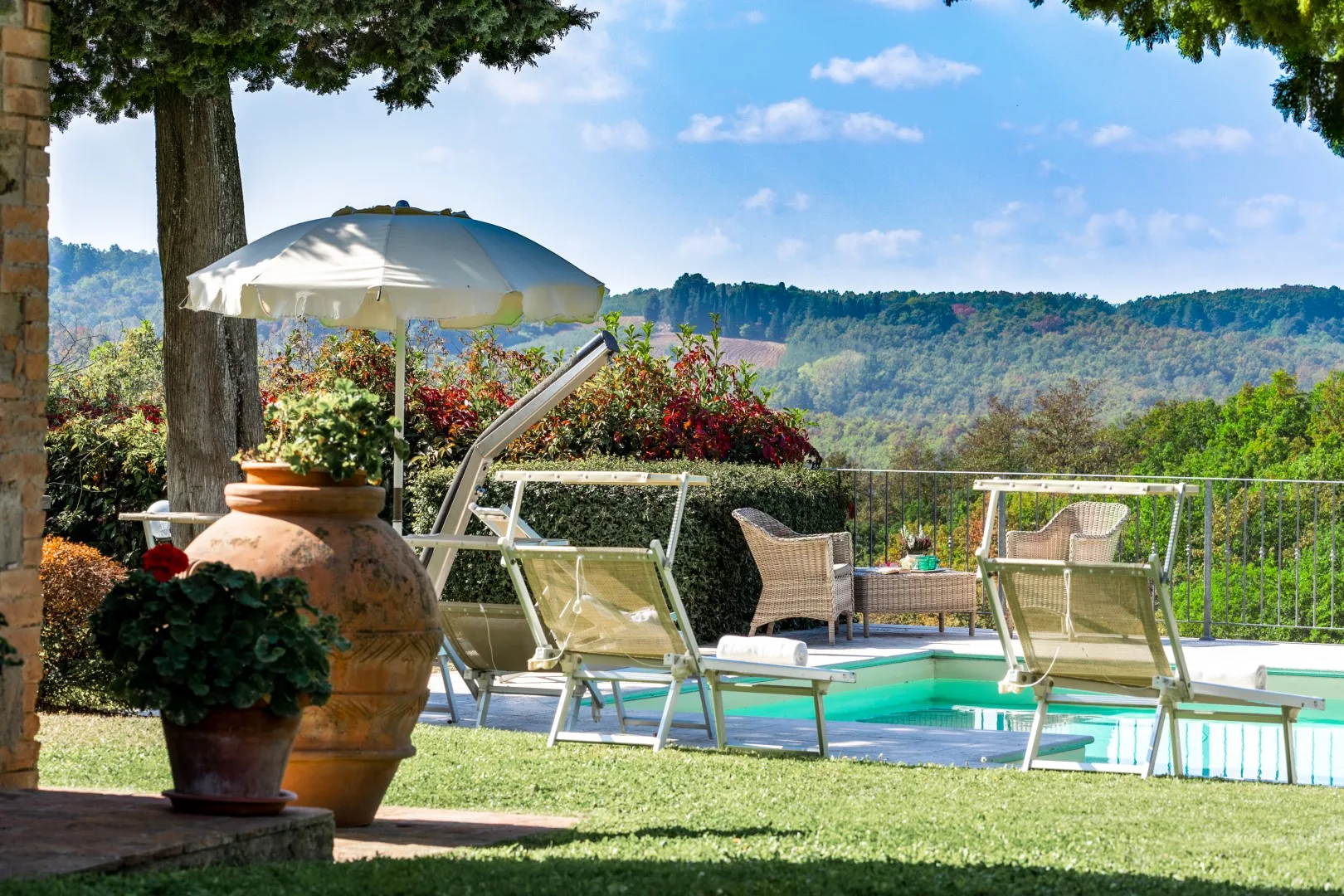 Una piscina y tumbonas están junto a flores en macetas, con colinas boscosas al fondo.