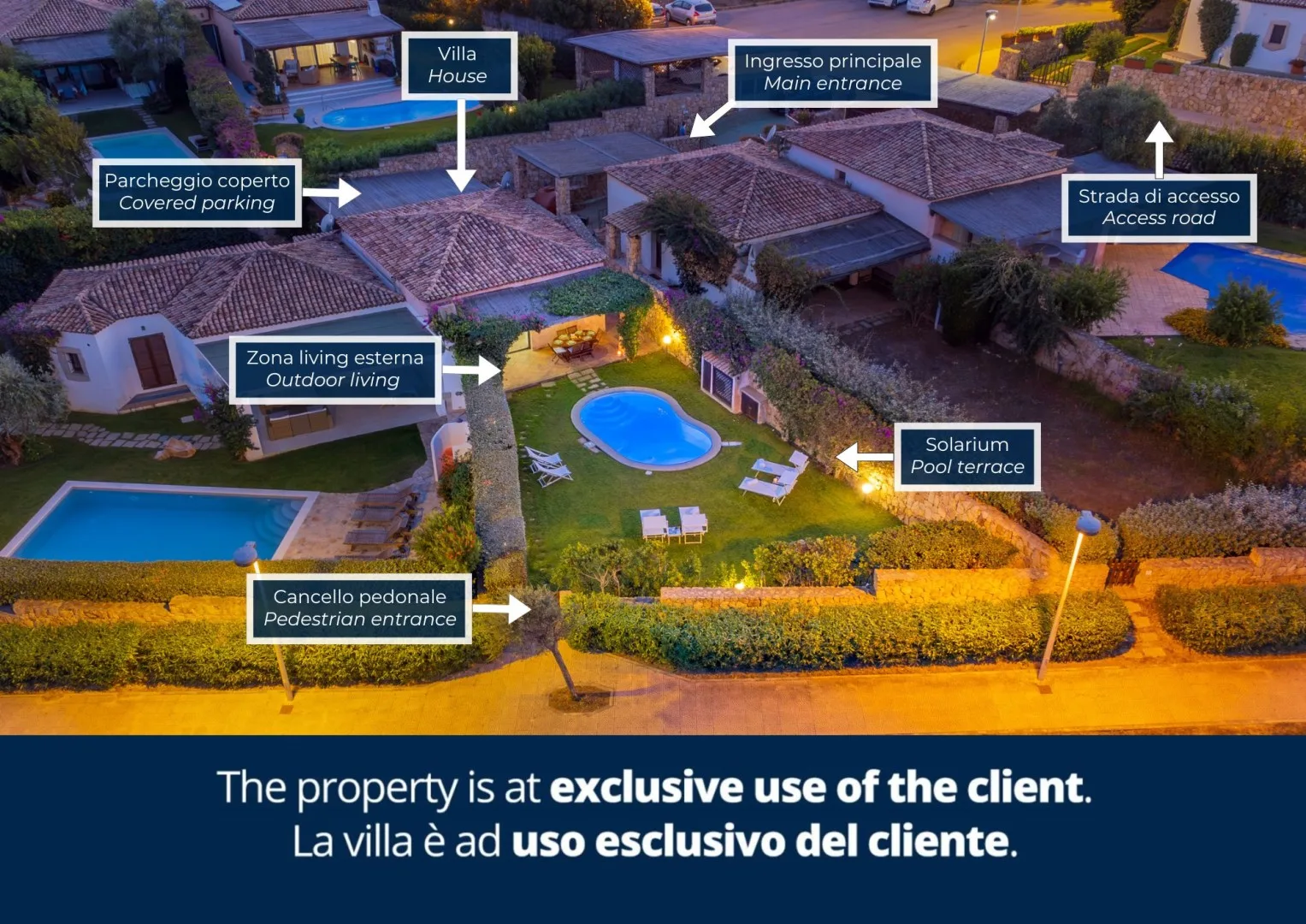 Vista aérea de un complejo de villas con una piscina central y zonas exteriores alrededor.