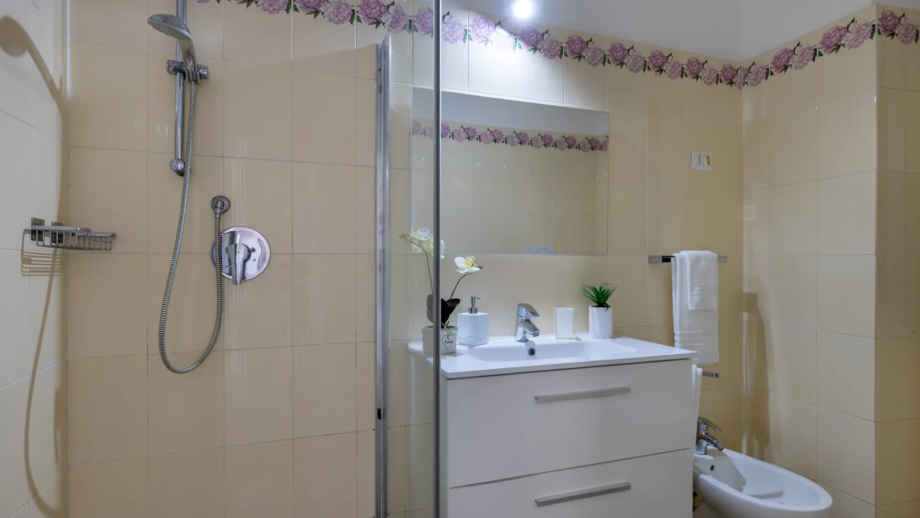 A tiled bathroom with a vanity, mirror, shower, and bidet.