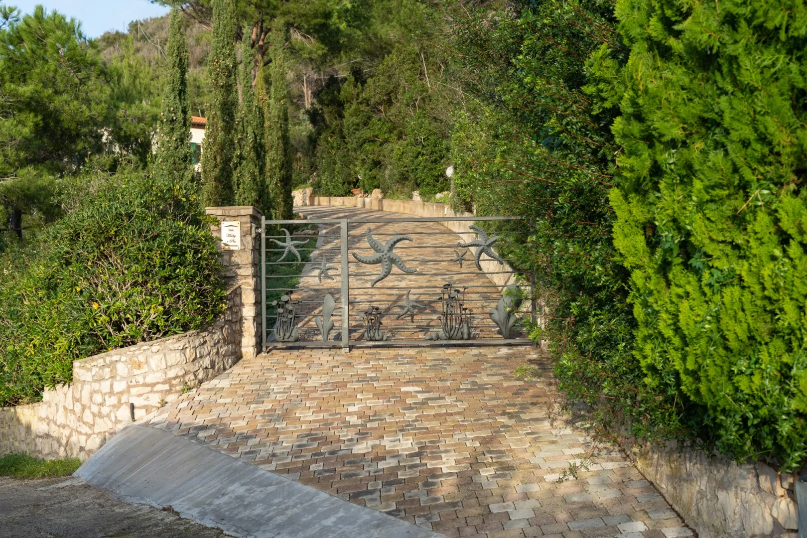 A paved garden entrance with a decorative metal gate between dense greenery.