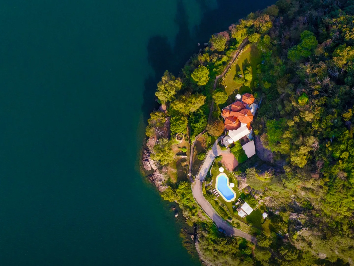 Aerial view of a wooded lakeside property with a pool beside the shore.