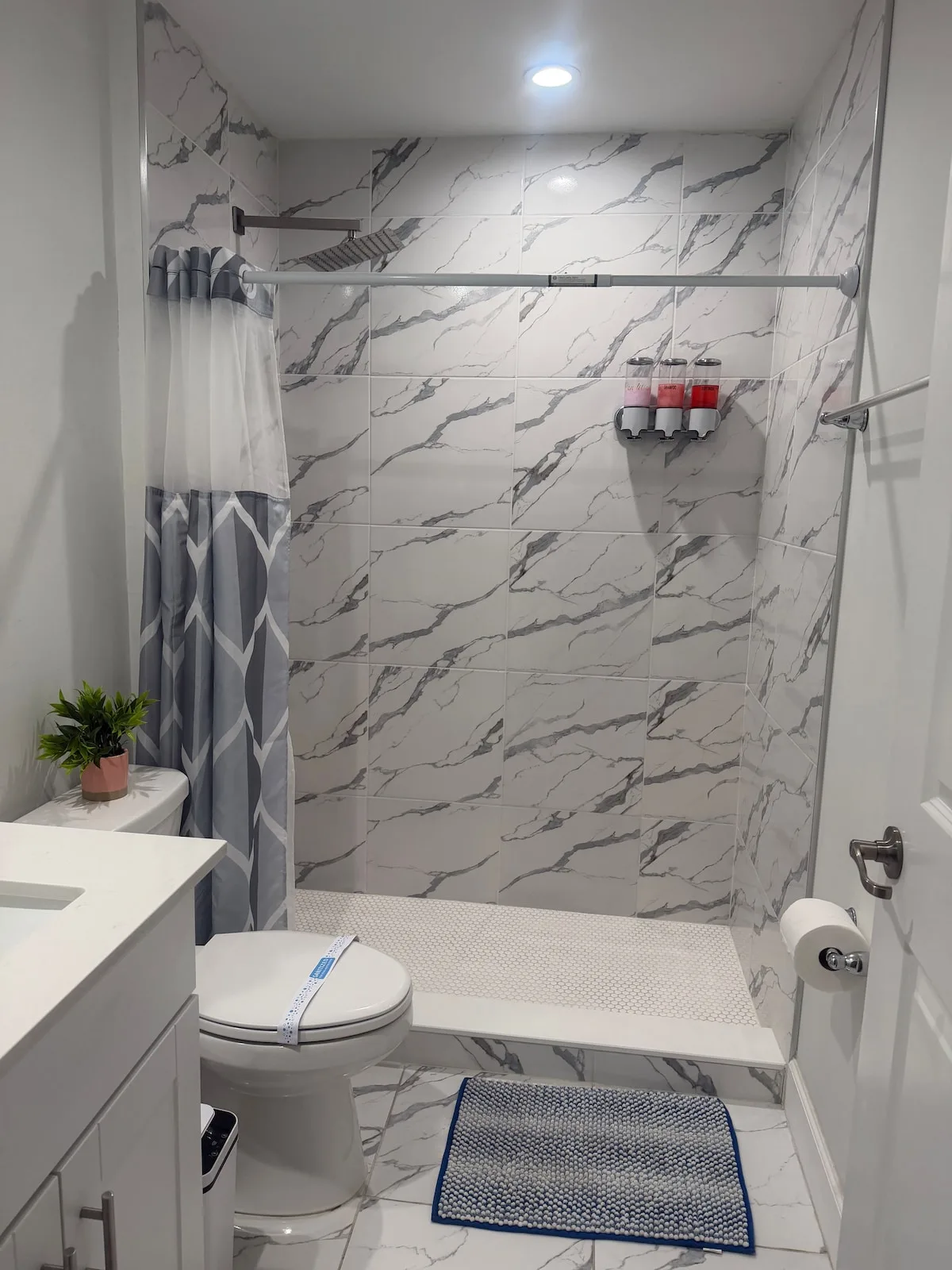 A bathroom with a tiled shower, toilet, and vanity.