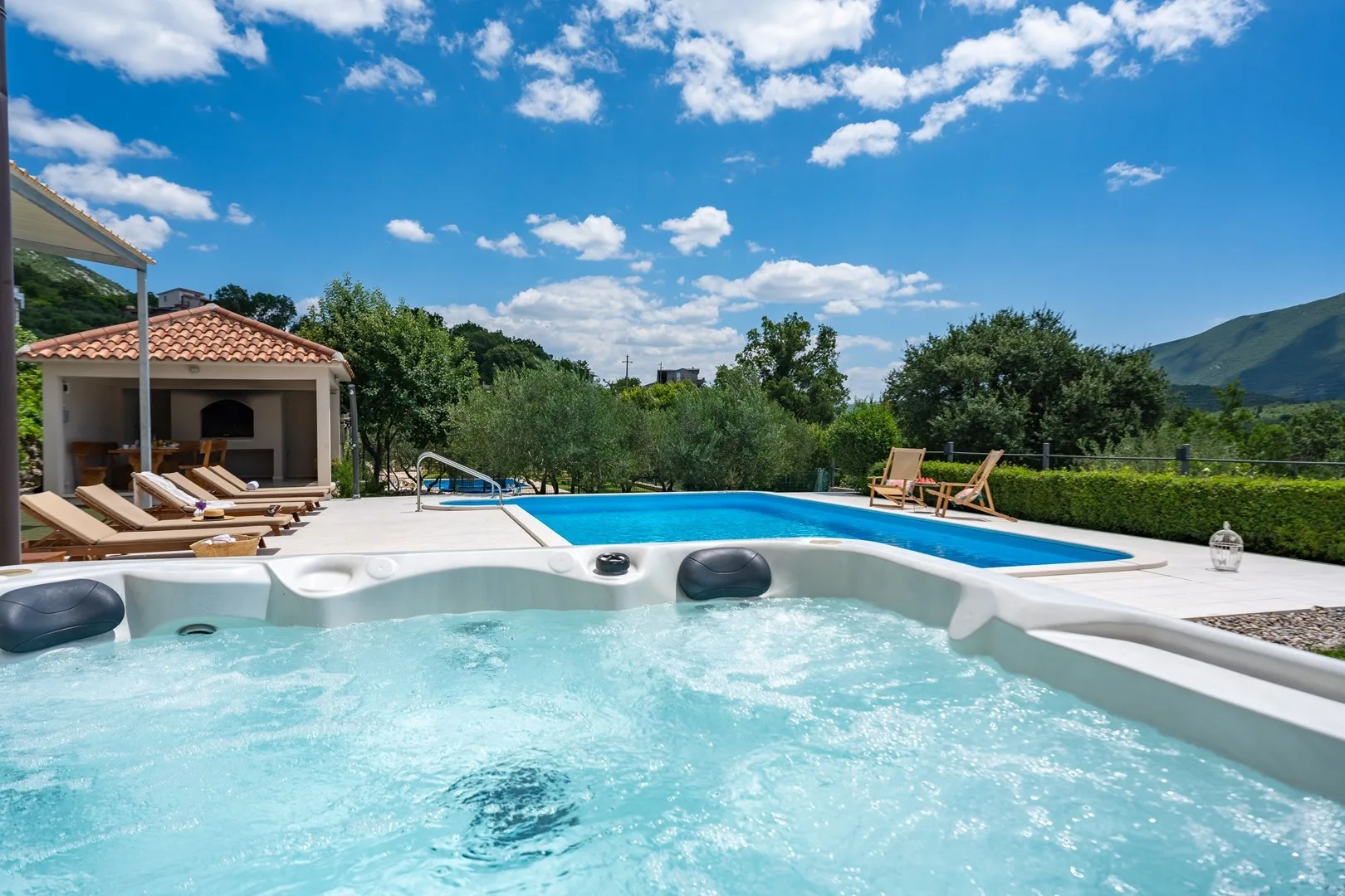 An outdoor pool and bubbling spa overlook a green, tree-covered landscape.