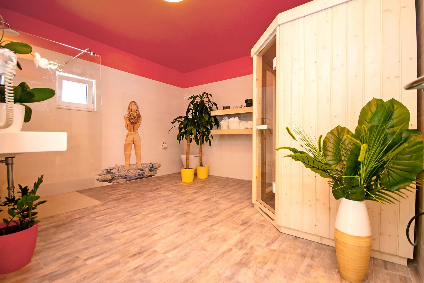 Un spa de colores vivos con una sauna de madera y varias plantas.
