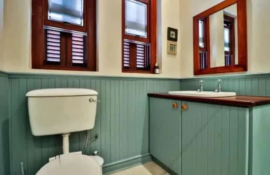 A bathroom with a toilet, green paneled walls, and a vanity beneath a large mirror.