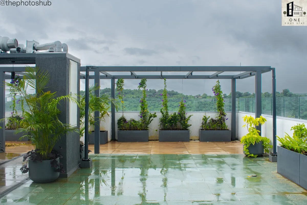 Zona común: Una terraza en la azotea con plantas en macetas y una barandilla de vidrio.