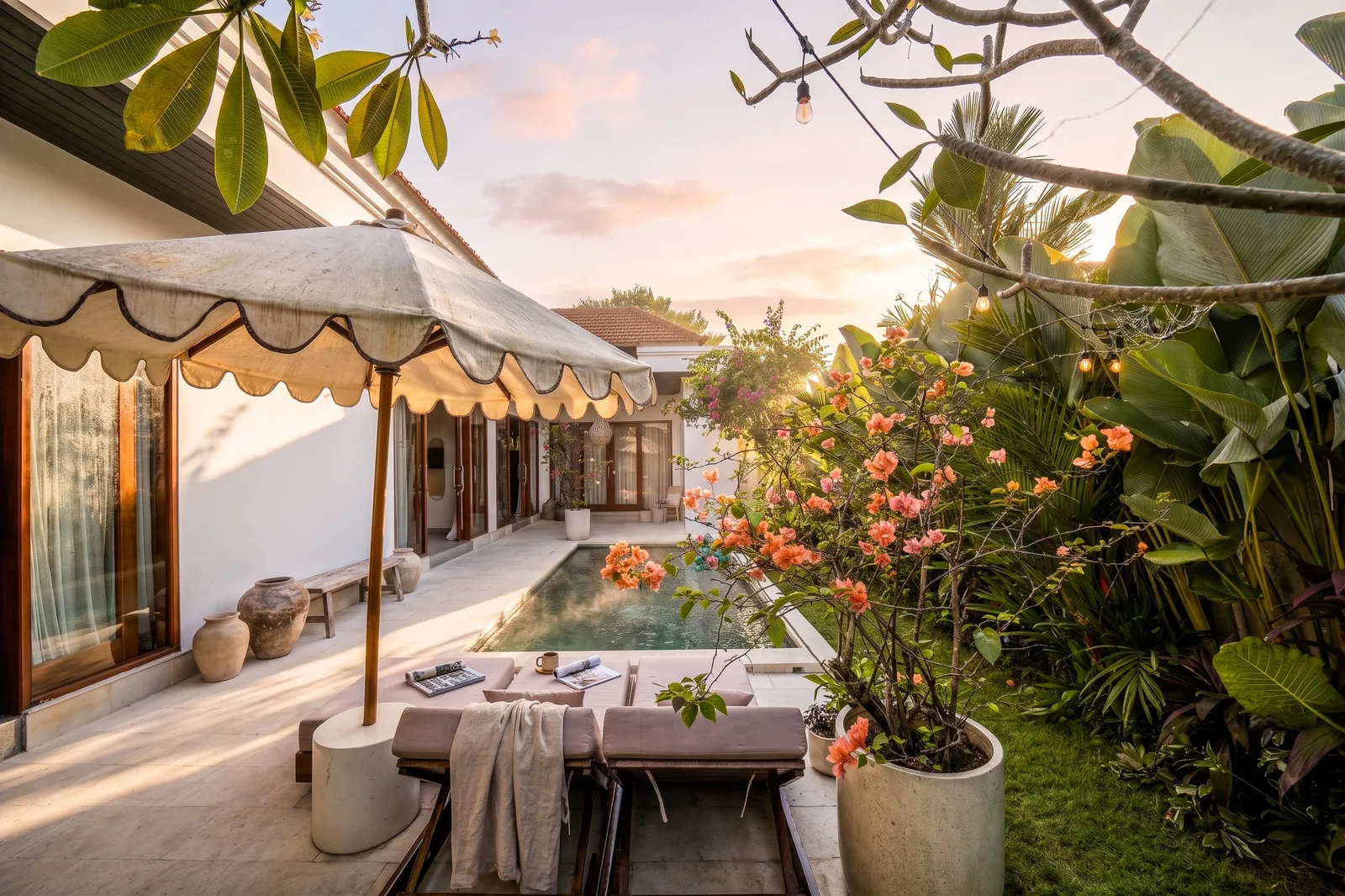 A courtyard patio beside a swimming pool, with cushioned seating and tropical plants.