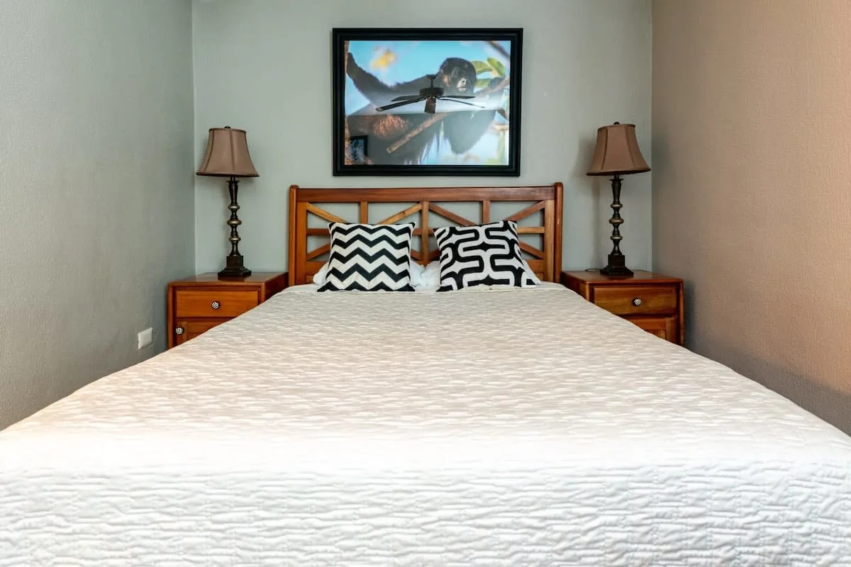 A bedroom with a bed, patterned pillows, and matching bedside tables.