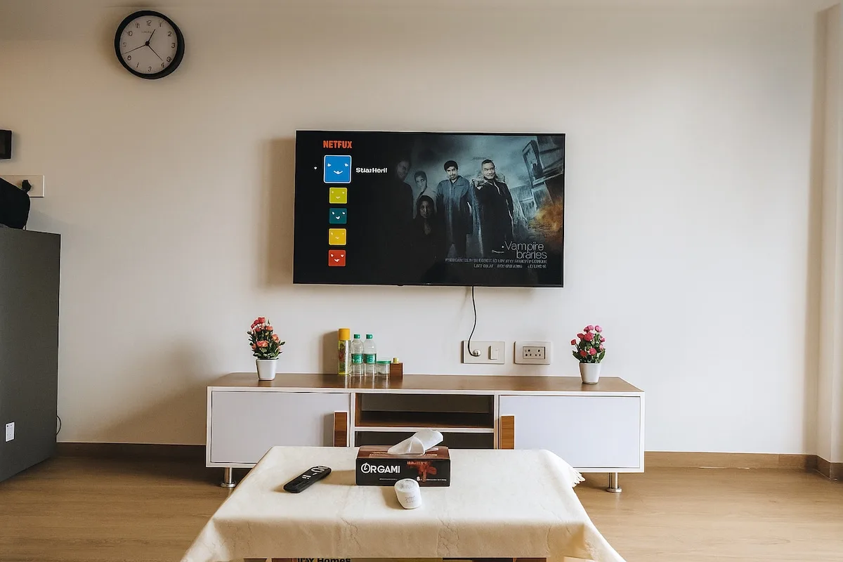 Una sala de estar con un televisor montado en la pared sobre un mueble bajo.