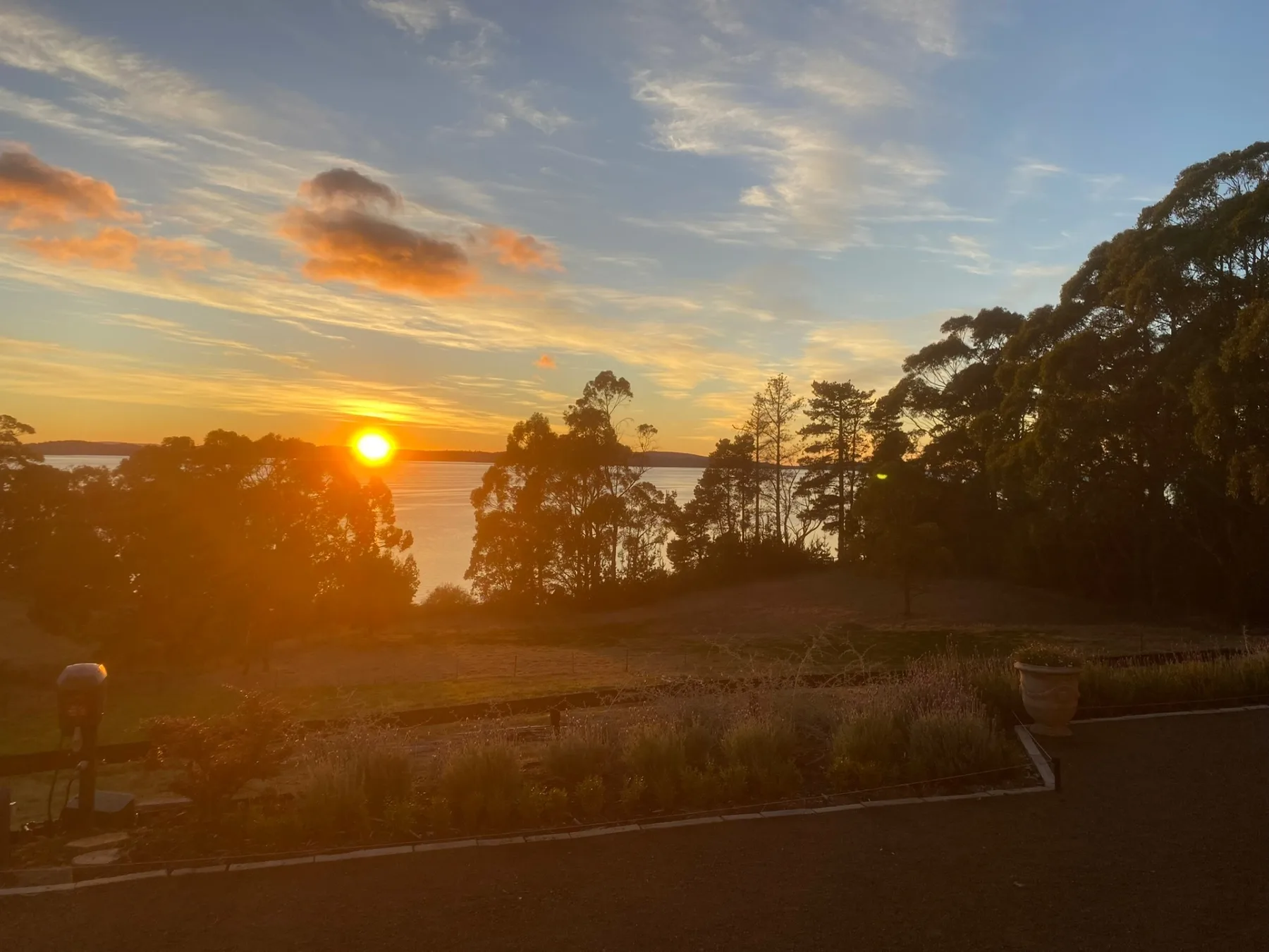 A sunset glows over a tree-lined landscape and distant water.