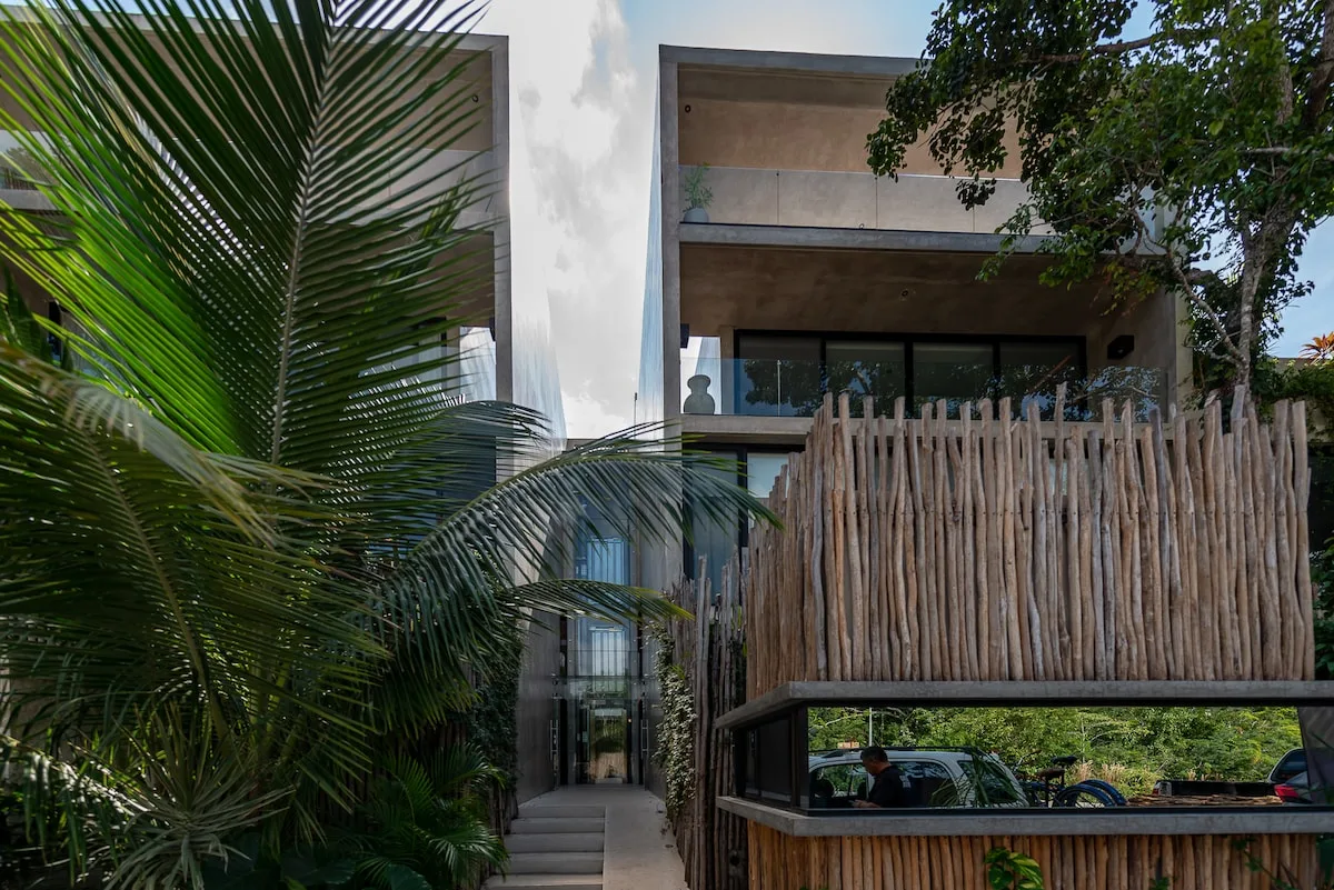 Zona común: Exterior de un edificio moderno con un sendero estrecho junto a plantas frondosas.