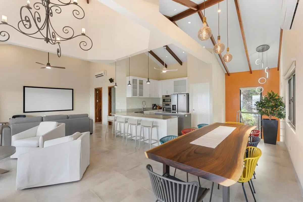 An open-plan living and dining area with a kitchen and a long dining table.
