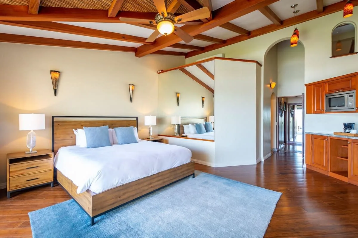 A bedroom with a large bed, blue rug, and adjoining kitchen area.