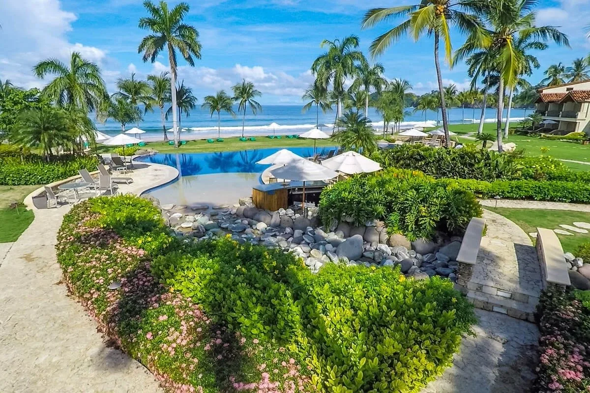 Shared amenity: A landscaped pool area with palm trees and the ocean visible beyond.
