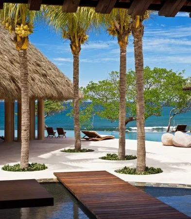 A tropical seaside terrace features palm trees, wooden loungers, a thatched pavilion, and a pool overlooking the ocean.
