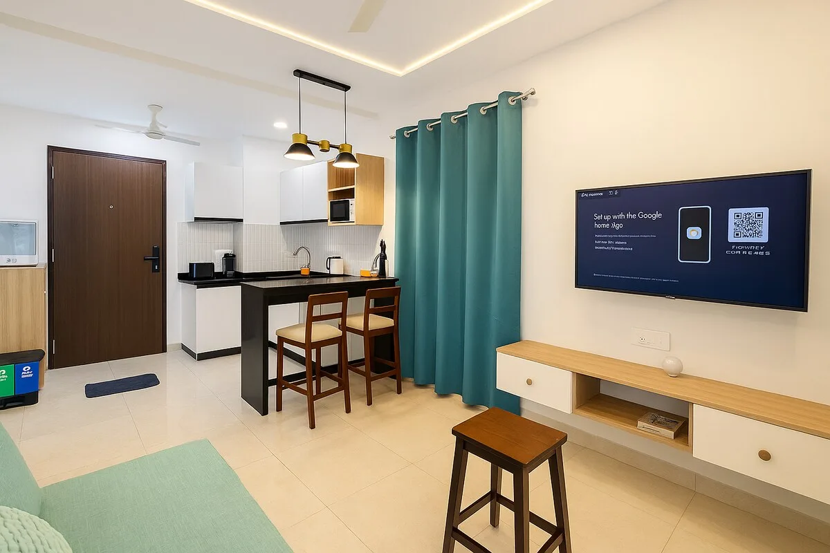 Un estudio luminoso con una pequeña cocina, asientos de barra y un televisor en la pared.