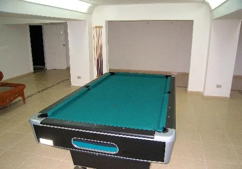 A billiards table fills a bright indoor recreation room.