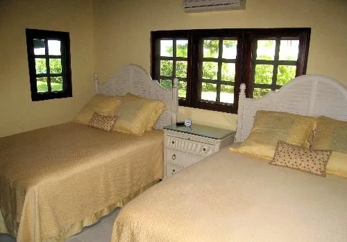 A bedroom with two beds, a bedside table, and large windows.