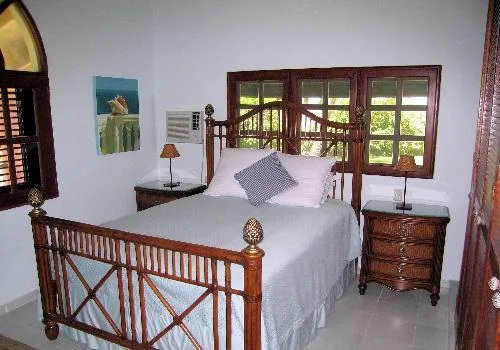 A bedroom with a wooden bed and windows overlooking greenery.