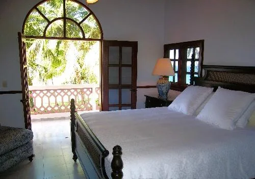 A bedroom with a large bed beside an arched window opening onto greenery.