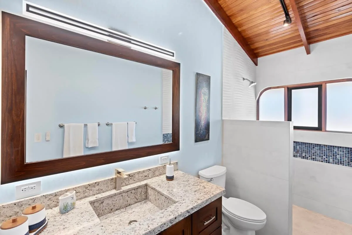 A bathroom vanity with a large mirror, a sink, and a toilet.