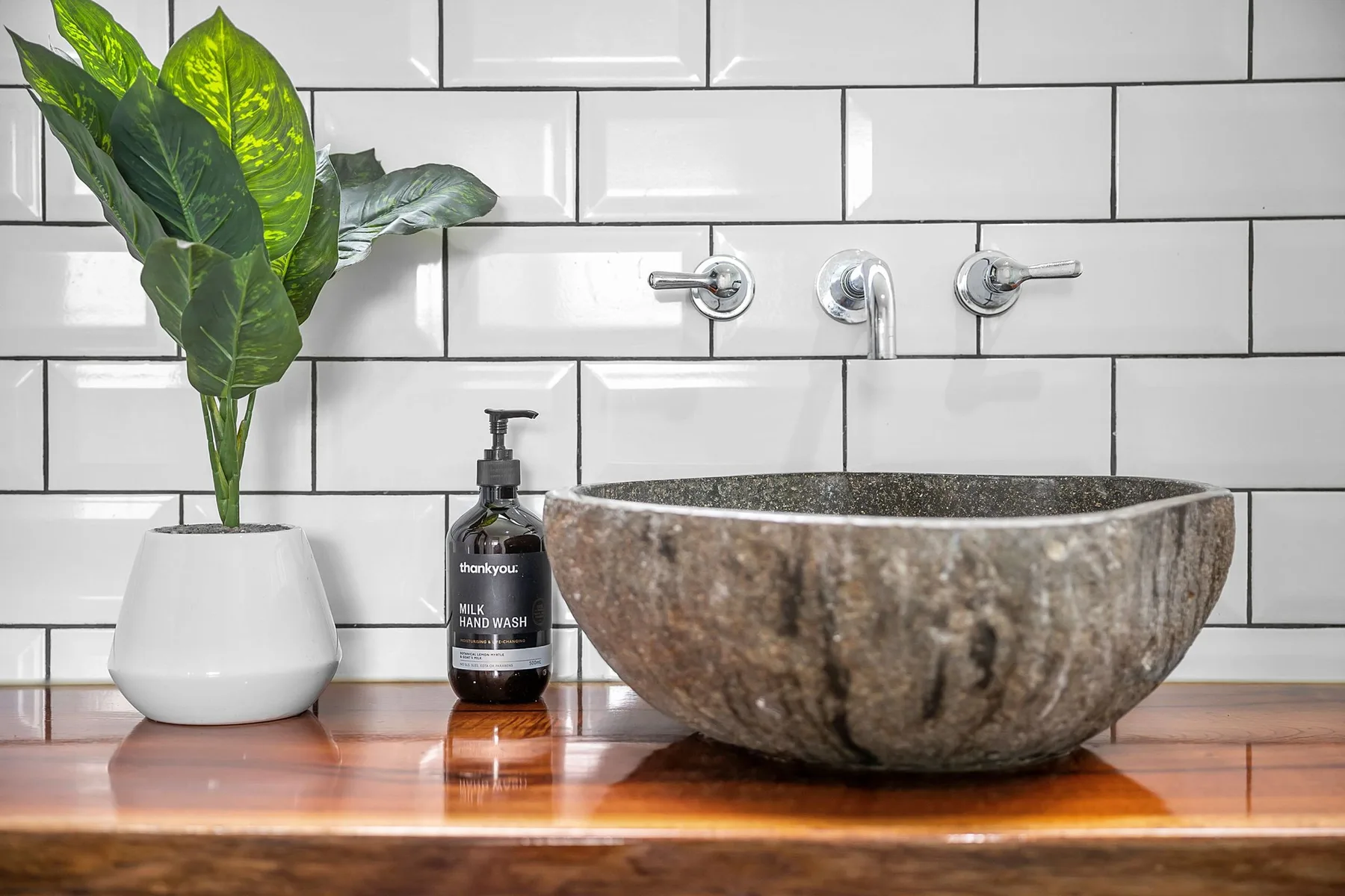 Un tocador de baño con lavabo de piedra sobre la encimera, grifo de pared y una planta.