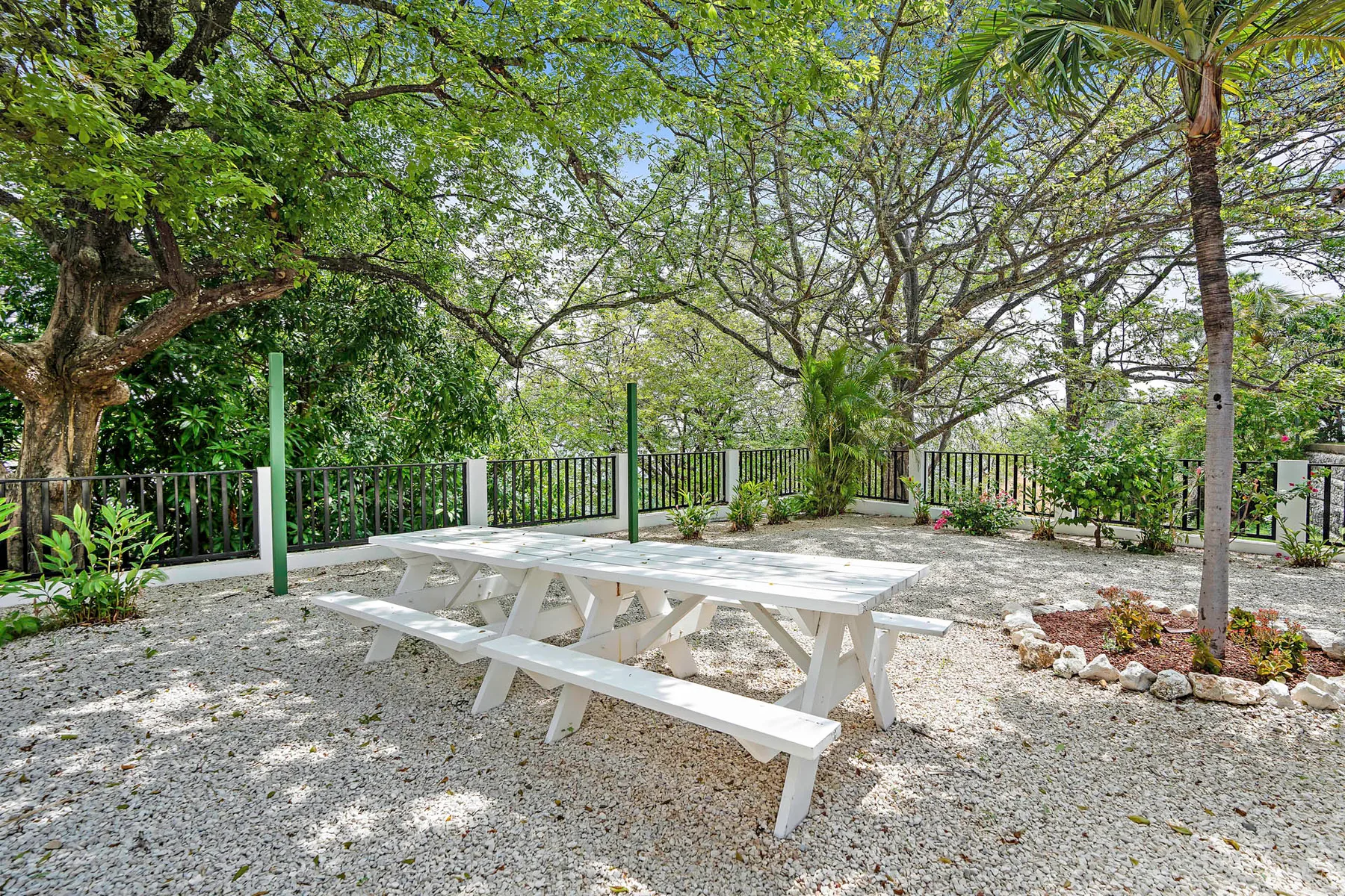 Shared amenity: A shaded outdoor seating area with a long white picnic table beneath leafy trees.