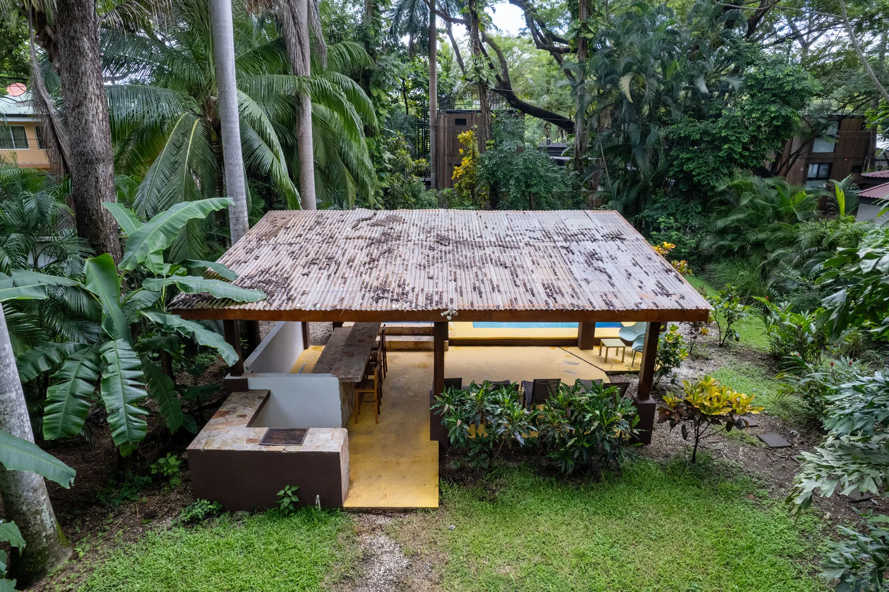 Shared amenity: A covered outdoor seating area surrounded by lush tropical greenery.
