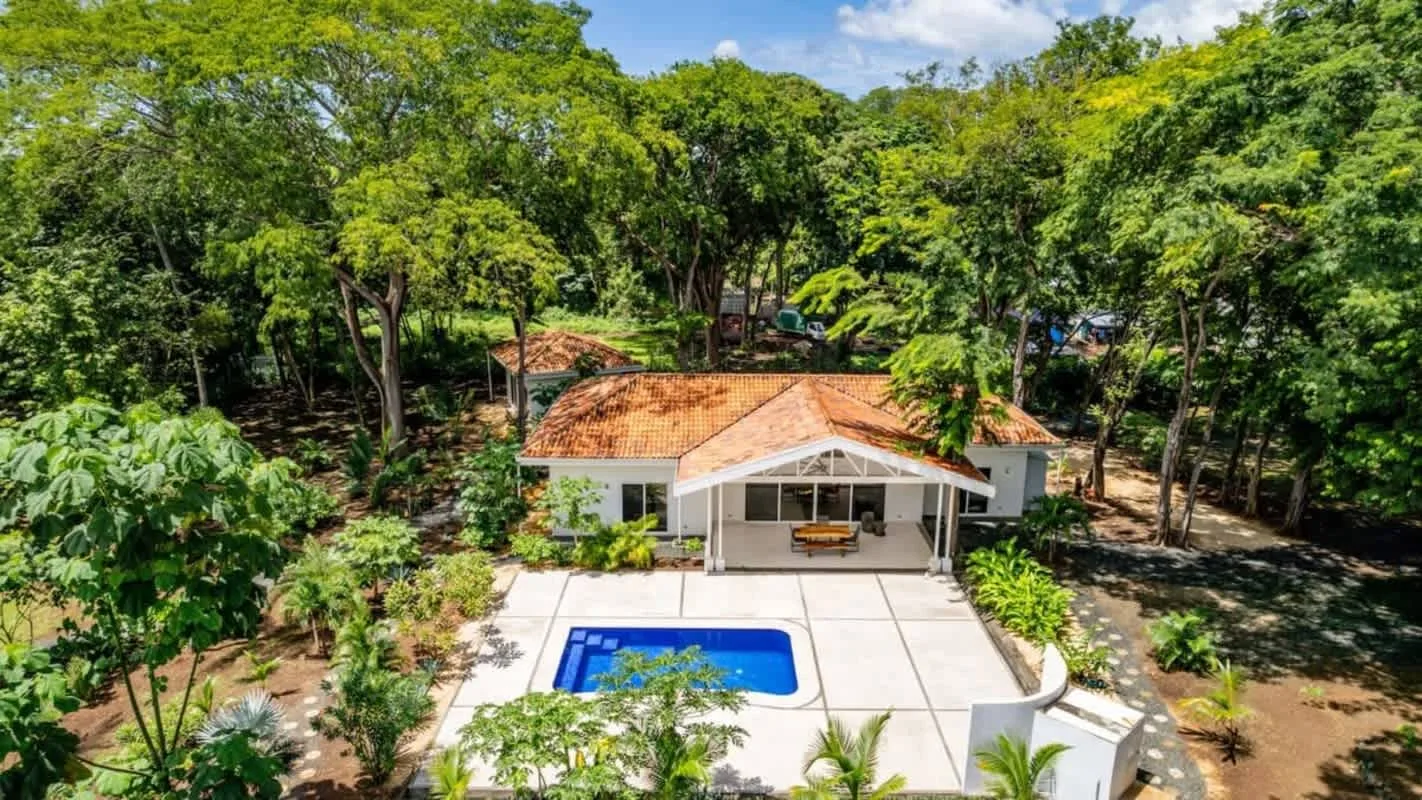 A house and blue swimming pool sit among dense green trees.