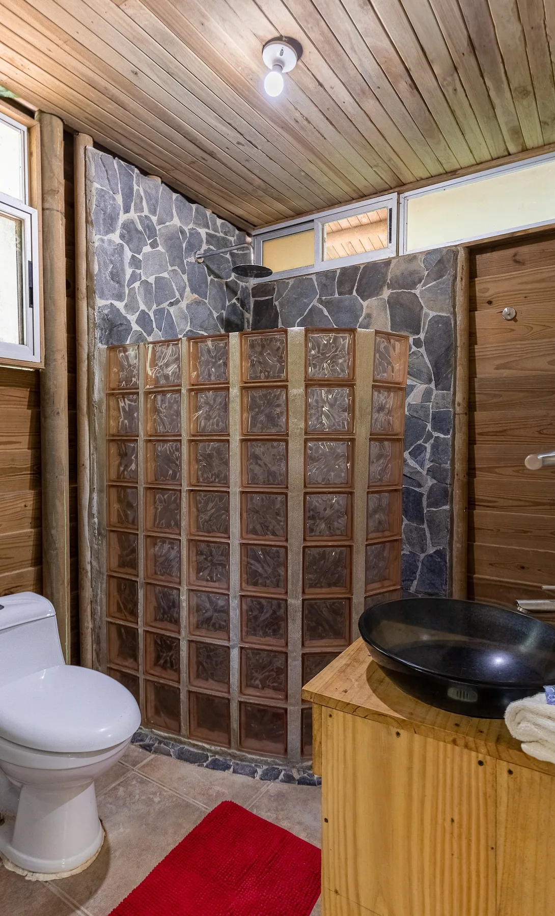 Un baño con zona de ducha revestida, inodoro y lavabo.