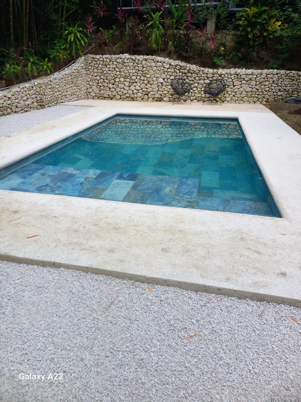 Zona común: Una piscina al aire libre está junto a un muro de piedra curvo y abundante vegetación.