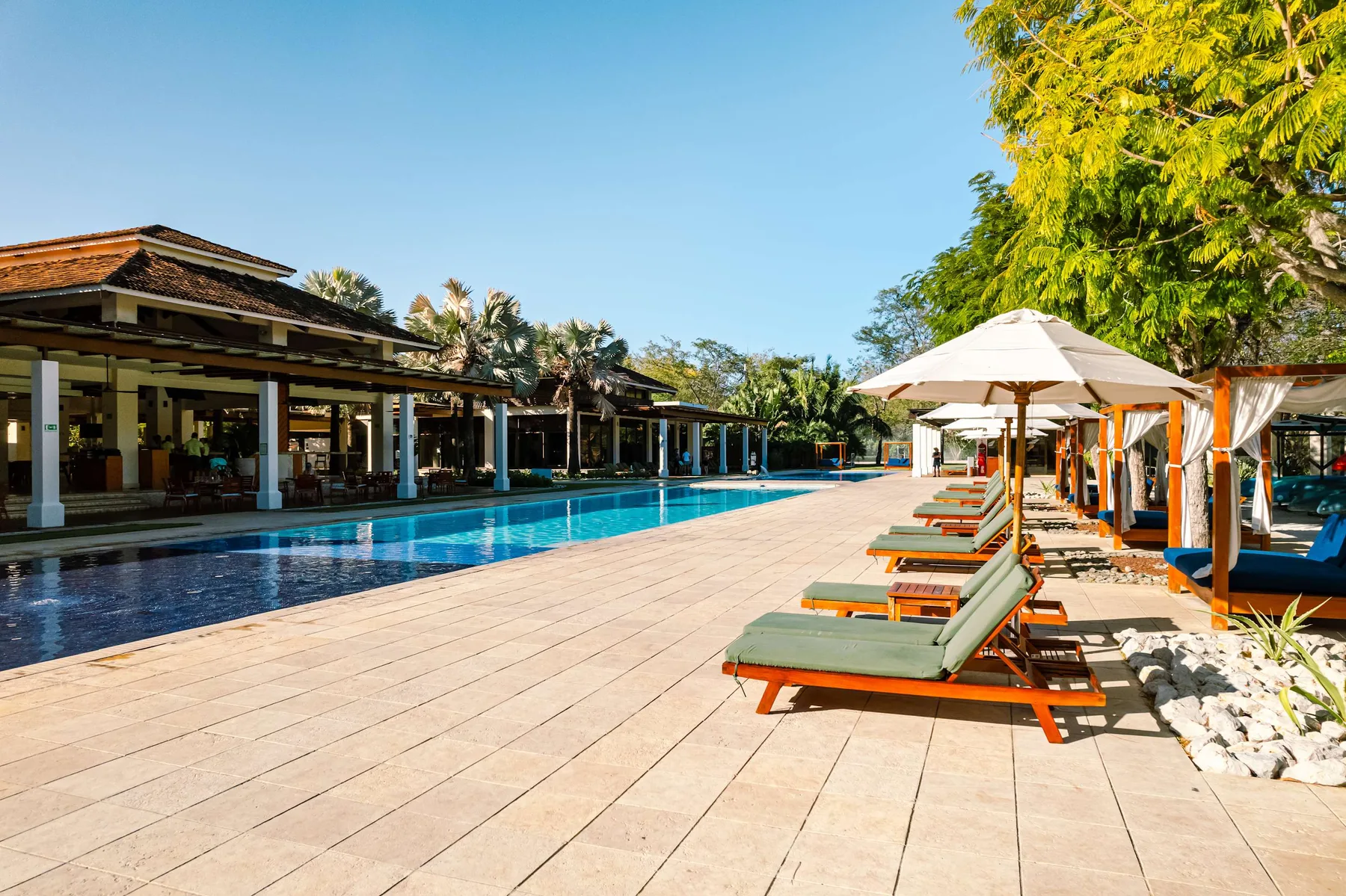 Zona común: Una piscina al aire libre junto a una terraza pavimentada con asientos y sombrillas.