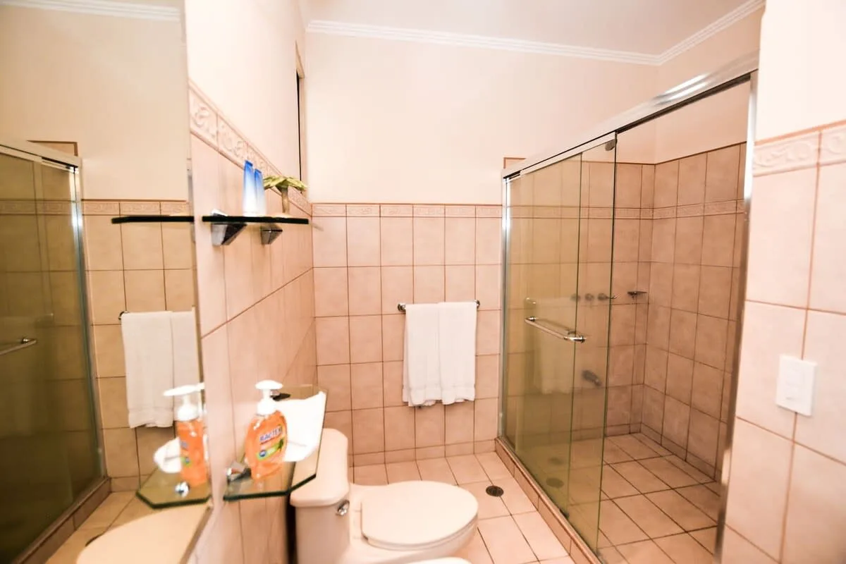 A tiled bathroom with a glass shower enclosure, toilet, and wall-mounted towels.