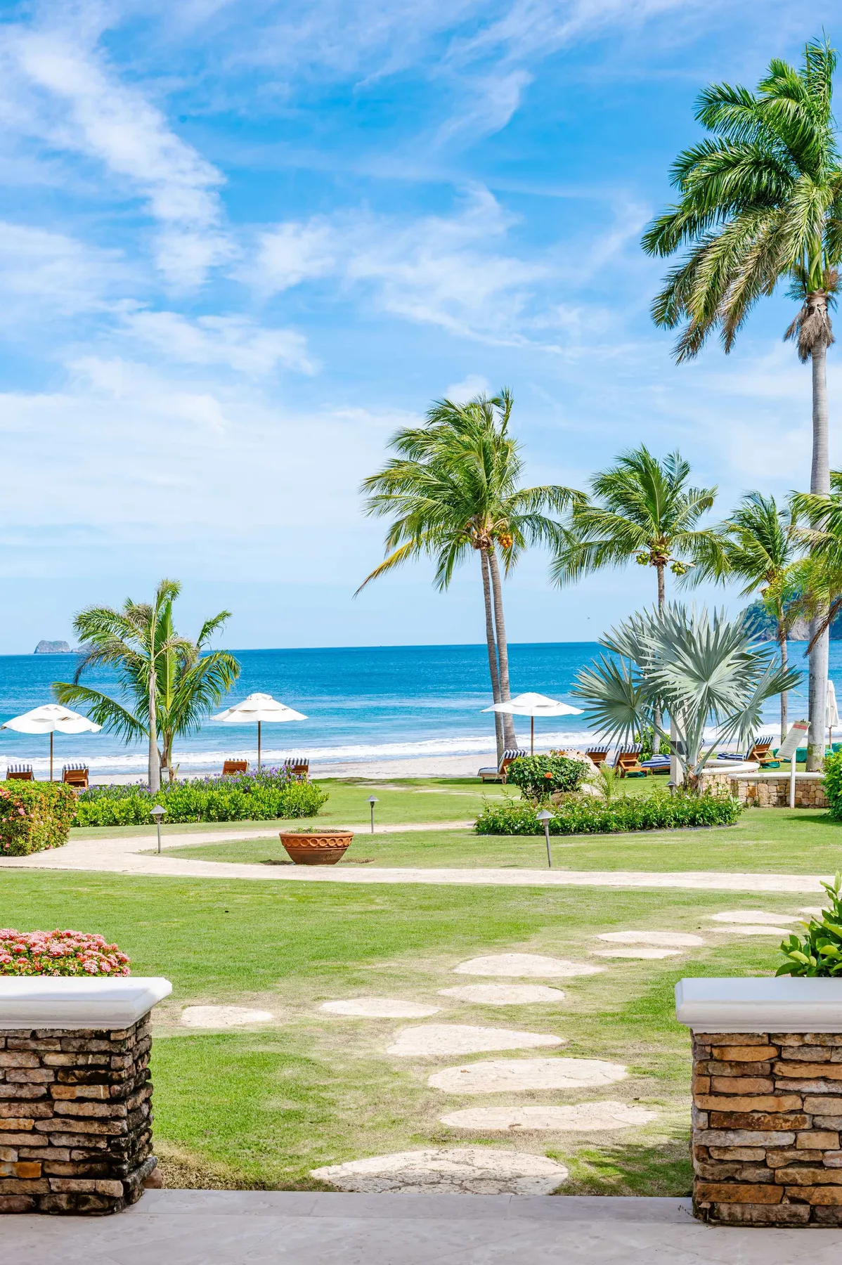 Zona común: Un jardín junto al mar con palmeras y vistas al océano.