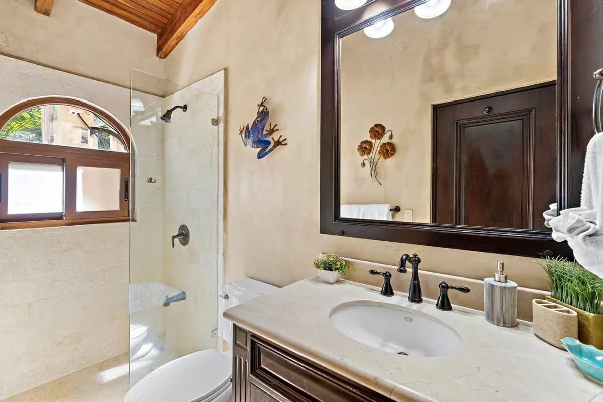 Baño con ducha de vidrio y tocador debajo de un espejo grande.