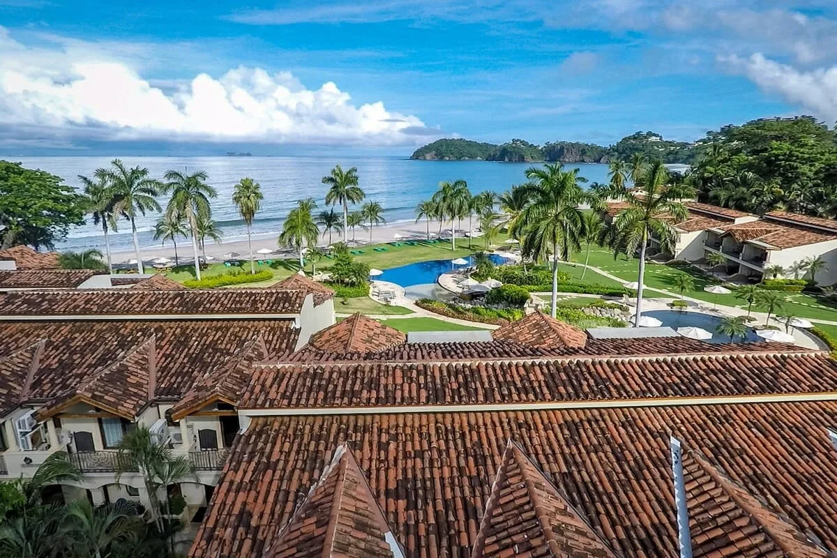 Shared amenity: A coastal resort scene with a swimming pool, palm trees, and the ocean.