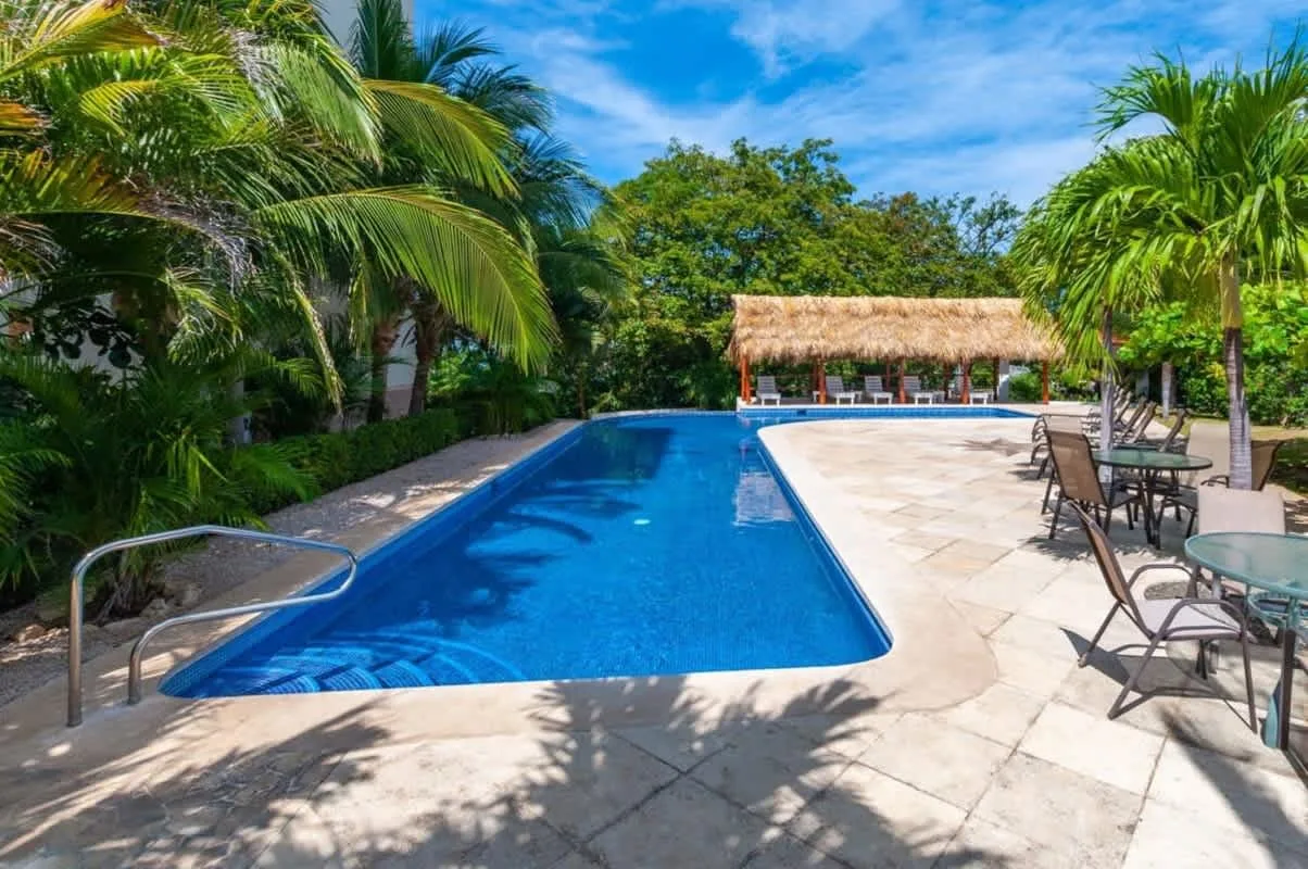 Shared amenity: An outdoor swimming pool beside a paved patio with seating and tropical plants.