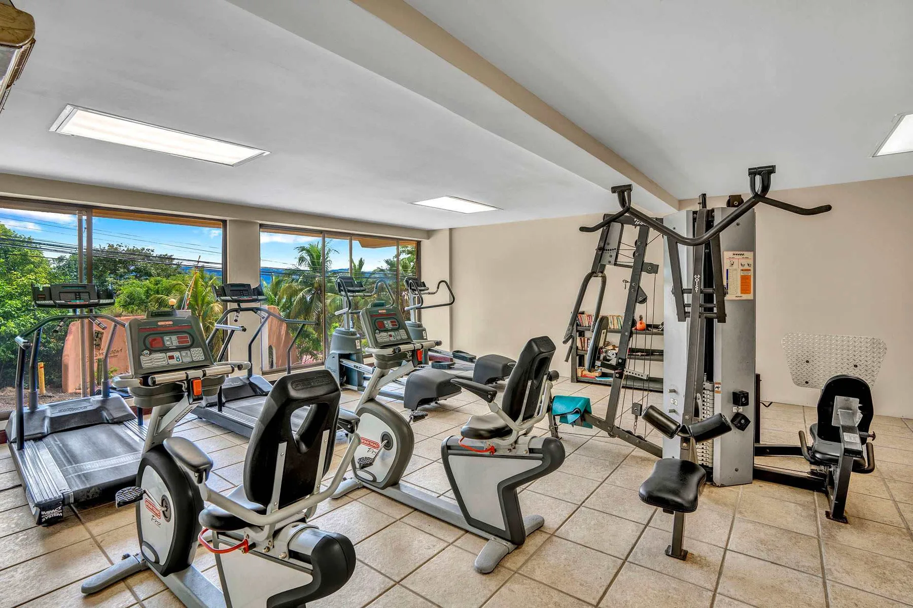 Zona común: Un gimnasio con bicicletas estáticas, cintas de correr y equipo de pesas.