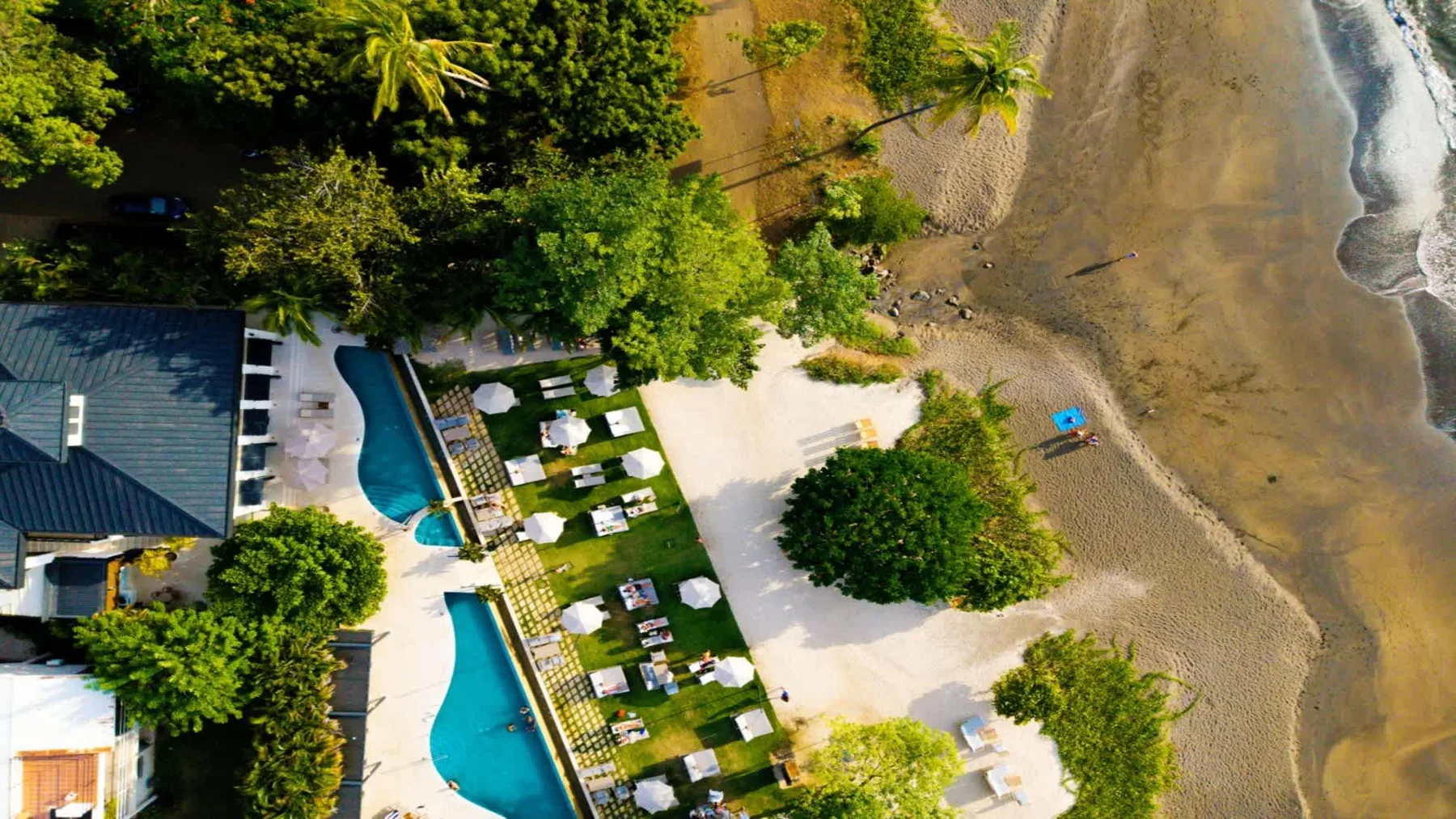 Zona común: Vista aérea de un complejo junto a la playa con piscinas y filas de tumbonas.