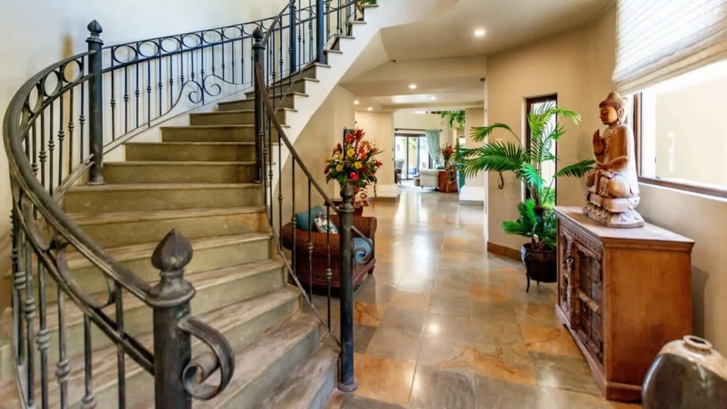 An interior entryway with a staircase and decorative plants.