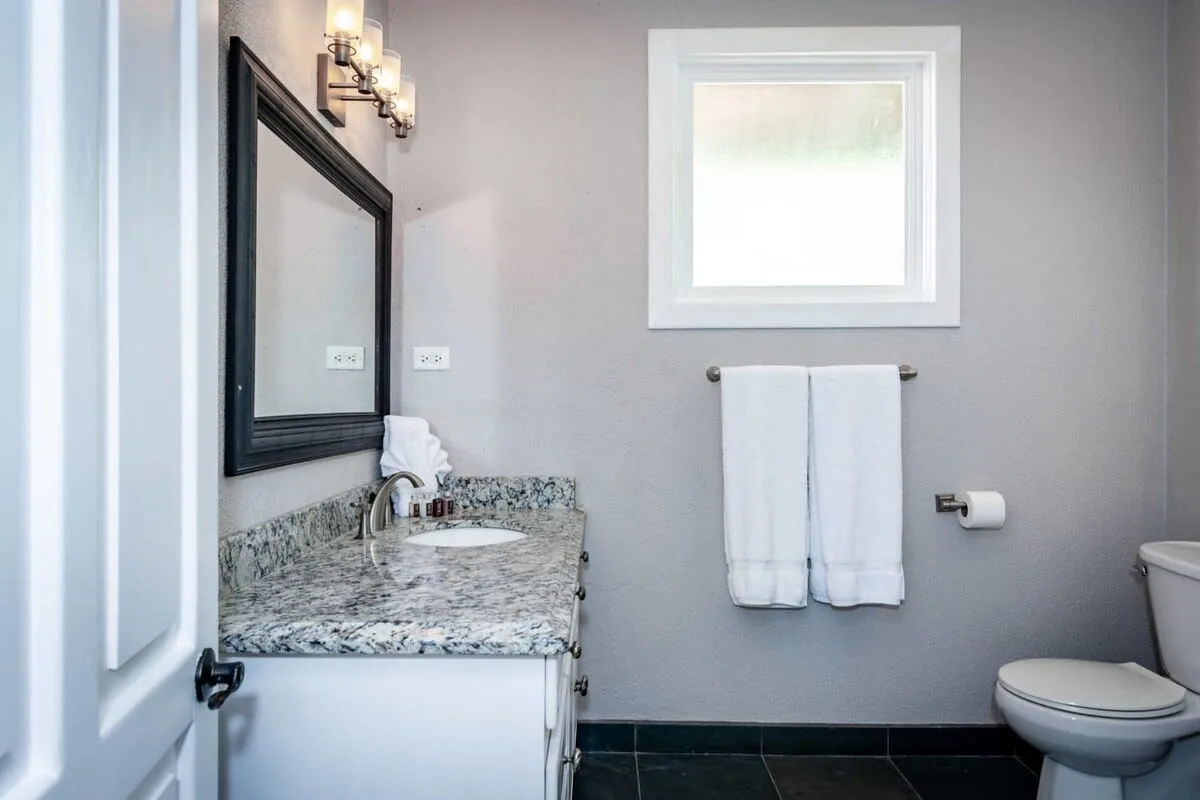 A bathroom with a sink, mirror, and toilet.