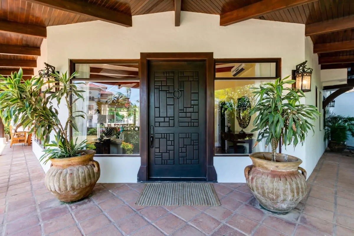 A building entrance with a dark door and potted plants on either side.
