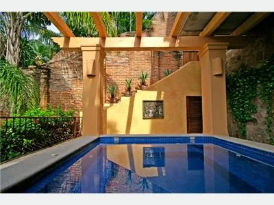 A small blue-tiled plunge pool sits beneath a timber pergola beside a brick wall and tropical plants.
