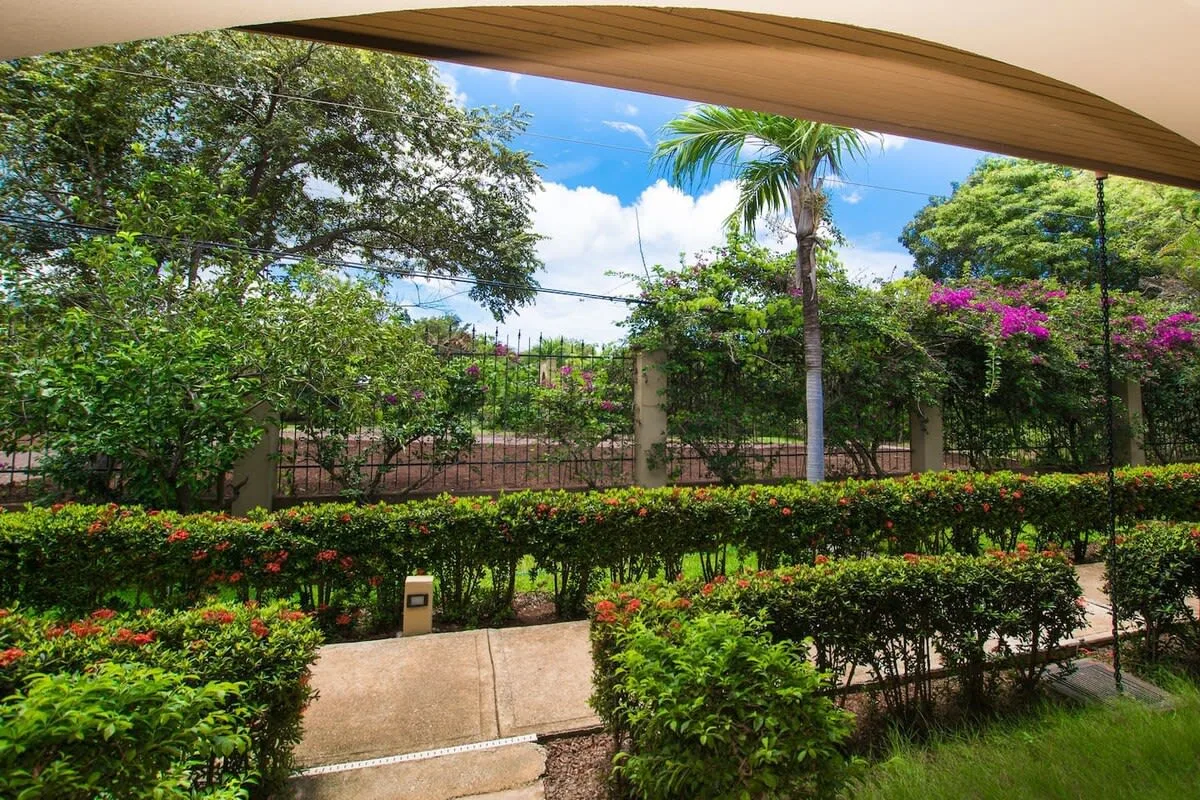 Shared amenity: A landscaped garden path runs between green hedges beneath a wooden awning.