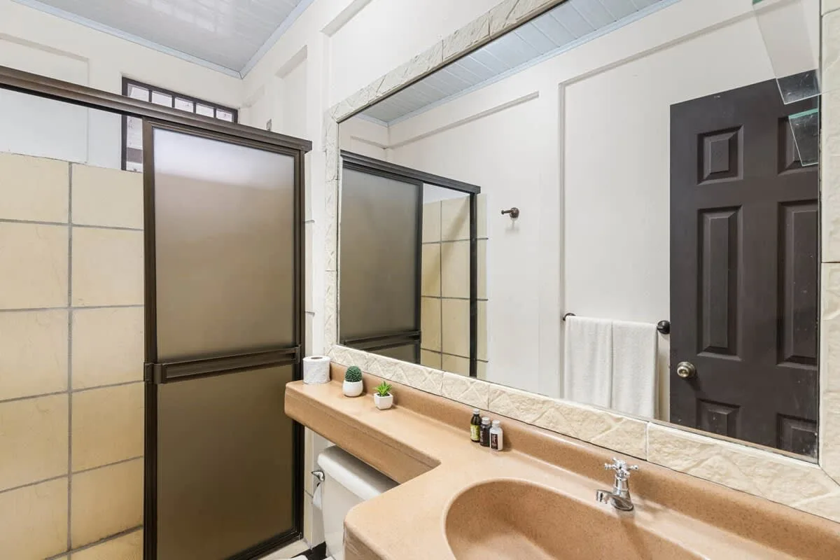 Un tocador de baño con lavabo y espejo grande junto a una puerta oscura.