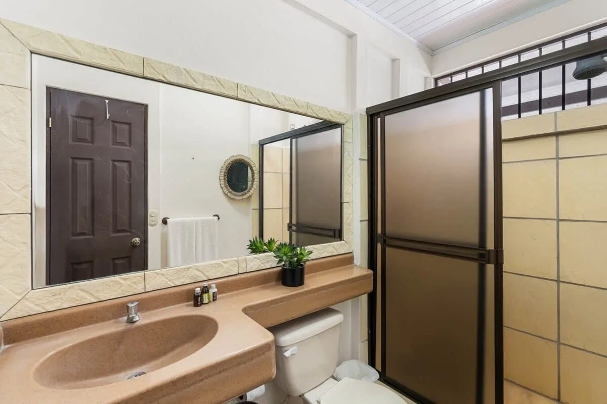 Un baño con lavabo largo, espejo, inodoro y ducha.