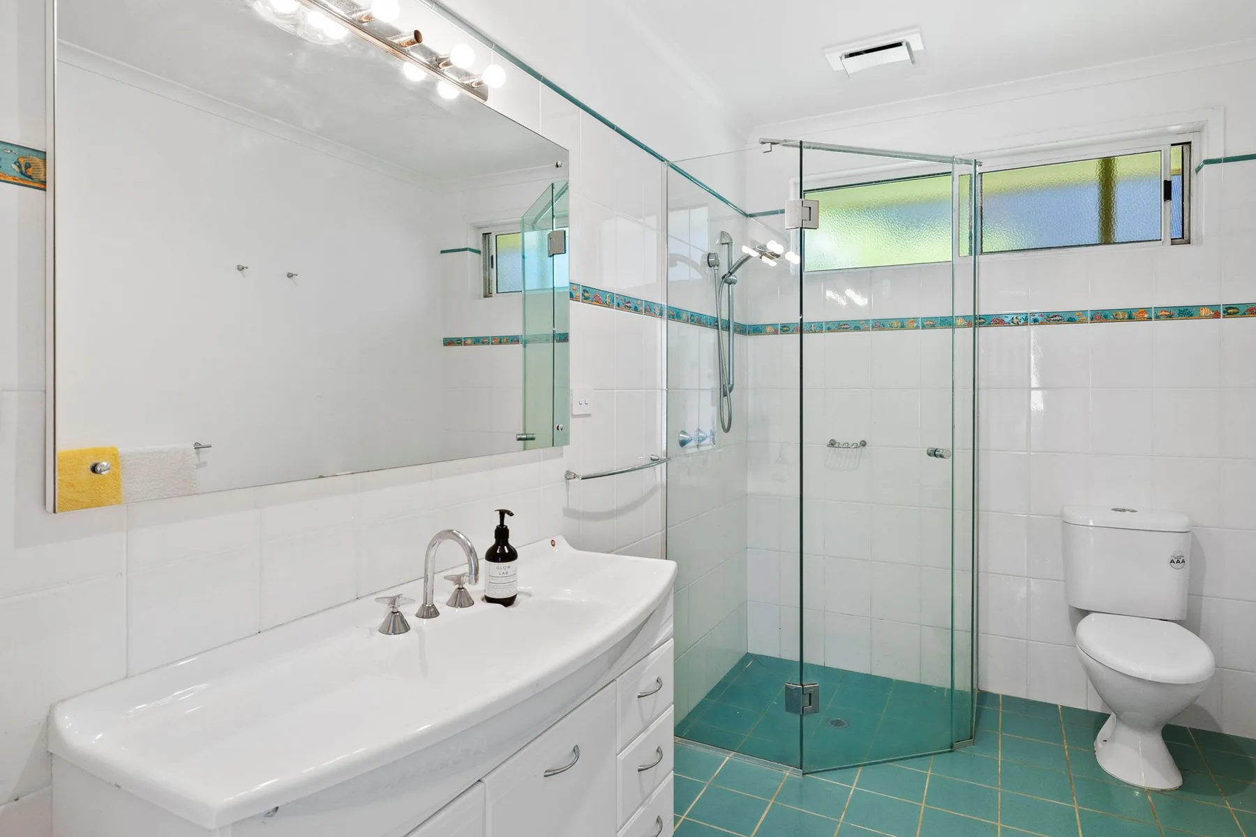 Un baño luminoso tiene un lavabo amplio, una ducha de vidrio y un inodoro.