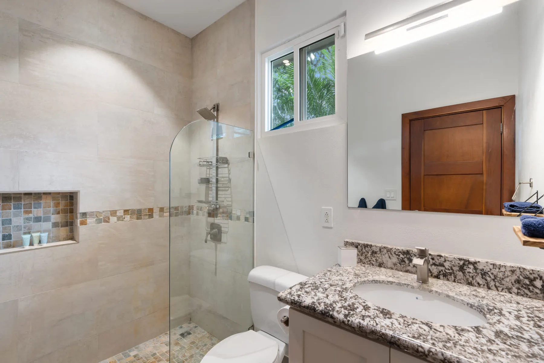 Un baño luminoso con ducha de vidrio, inodoro y un amplio tocador.