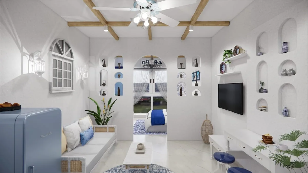 Una sala luminosa con banco integrado, televisor en la pared y nichos decorativos.